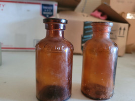 Set of 2 Lysol Brown Glass Bottles 4&quot; Collectible Decorative - £11.78 GBP