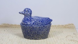 Vintage Blue and White Spongeware Nesting Duck Ceramic Dish Chip Inside ... - $13.59