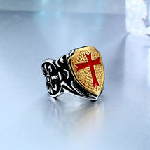 Knight Templar Sword Shield Red Cross Crusades Masonic Silver&amp;Gold Tone Men Ring - £15.22 GBP