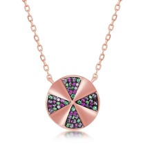 Sterling Silver Rainbow CZ Designed Disc Necklace - Rose Gold Plated - £48.83 GBP