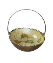 Vintage Brass Enamel Floral Basket Dish Bowl w Handle 5.25" Hammered Trinket image 5