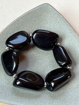 Chunky Black Plastic Nugget &amp; Tiny Silvertone Spacer Bead Stretch Bracel... - £8.99 GBP