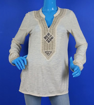 Lucky Brand Embroidered Studs Tunic Top Shirt Beige Metalllic Boho Cotto... - $9.89