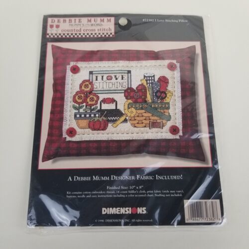 1996 Dimensions Debbie Mumm “I Love Stitching Pillow” Cross Stitch Kit #72382 - $19.79
