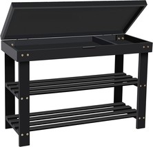Black Shoe Shelf Organizer Bench For Entryway, 3-Tier Bamboo Small Bench With - £55.27 GBP