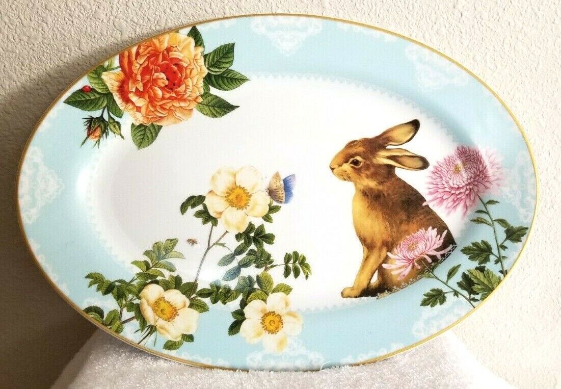 William Sonoma SPRING GARDEN Bunny Rabbit Floral Oval Serving Platter EASTER - $65.00