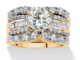 Round Cz Baguette Bridal 2 Gp Ring Set Band 18K Gold Sterling Silver 6 7 8 9 10 - £149.49 GBP