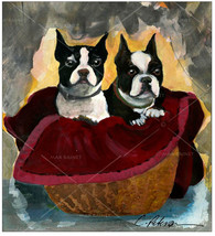 Best Friends ~ Pair of Boston Terrier Dogs in Basket FINE ART PRINT hand signed - £30.47 GBP