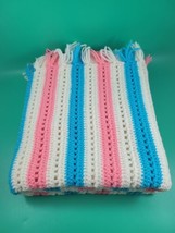 Hand Knitted Lap Blanket Pastel Pink White &amp; Blue Approx: 50&quot; X 35&quot; Fringe - £13.26 GBP