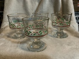 4 Arby&#39;s Christmas Holly Berry Glass Stemware Short 4&quot; 1980s Gold Rimmed - £13.43 GBP