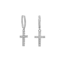 925 Silver Cross Simulated Diamond Huggie Drop Dangle Hinged Hoop Earrings  - £69.71 GBP