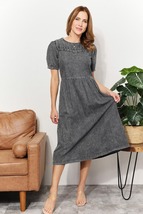 And The Why Charcoal Grey Round Neck Short Sleeves Washed Chambray Midi A Line D - £39.40 GBP