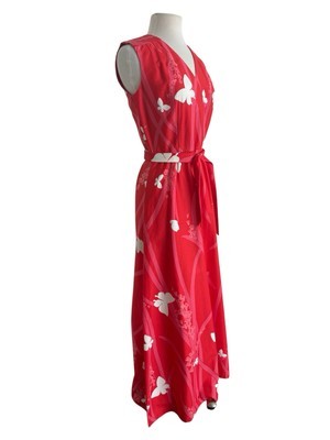 Vtg Malia Honolulu Maxi Dress Bright Pink White Butterfly Retro Tiki Boho Sz 8 Item image 2