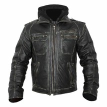 Men’s Motorcycle Biker Vintage Distressed Black Faded Real Leather Hoodie Jacket - £74.74 GBP