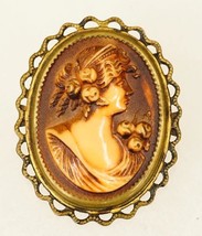 Estate Jewelry Celluloid Cameo Lady Profile Brass Bezel Oval Brooch Pin - £19.56 GBP