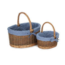 Blue Checked Lined Country Oval Wicker Shopping Basket - £19.98 GBP+