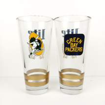 Two Vtg Miller Lite 8&quot; Green Bay Packers Throw Back Logo Heavy 22oz Beer Glasses - £12.28 GBP