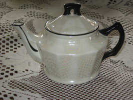 Czech-Teapot-Porcelain-White with Black Trim-Lusterware-1950&#39;s - £9.74 GBP