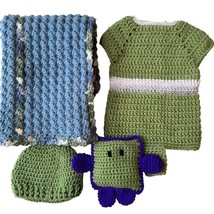 Crocheted Baby Blanket Jumper Hat Grannycore Shower Gift 32&quot; Handmade Multicolor - £29.89 GBP