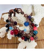 Gemstone Bead Copper Tone Elephant Closure Dangle Bracelet Boho MultiColor - $733.58 MXN