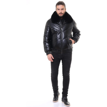 BARYA NEW YORK Men&#39;s V-Bomber Leather Jacket with Fox Fur - $361.90