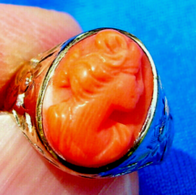 Antique Deco Mediterranean Coral Ring Victorian Engraved 10k Gold Setting - $1,286.01