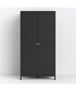 Tall Matt Black 2 Door Double Bedroom Wardrobe With Storage Shelves Clot... - £452.78 GBP
