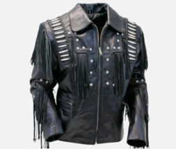 Classic Western Style Cowboy Suede Leather Jacket Handmade Bone, Fringed Coat - £71.39 GBP+