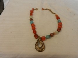 Chico&#39;s Stranded Red, Turquoise, Brown Stone Necklace 20&quot; Long with Gold... - £27.54 GBP