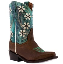 Kids Western Boots Flower Embroidered Leather Teal Brown Snip Toe Botas - $52.24