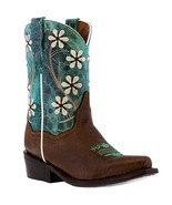 Kids Western Boots Flower Embroidered Leather Teal Brown Snip Toe Botas - £41.75 GBP