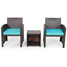 3Pcs Patio Rattan Wicker Furniture Cushion Sofa Coffee Table Turquoise - $204.99
