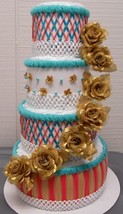 Coral , Turquoise and Gold Elegant Themed Baby Shower 4 Tier Floral Diaper Cake - £91.92 GBP