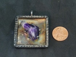 Pewter Jorgen Jensen Denmark 300 B Square Chevron Amethyst Stone Pendant - $83.14