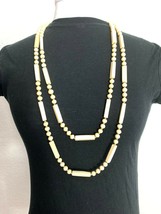 Elegant Cool Cream 66&quot; Long Round Rectangle Beaded Necklace Gold Tone Beads - £22.59 GBP