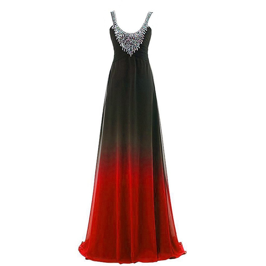 Scoop Neck Crystals Long Gradient Chiffon Prom Evening Dresses Black Red Plus... - $119.99
