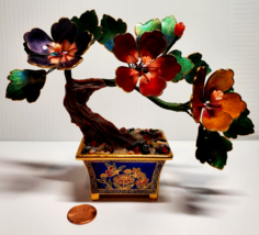 Vintage Cloisonne Carved Coral Flower Centers Leaf Bonsai Tree Genuine G... - $64.35