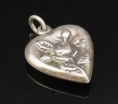 925 Silver - Vintage Antique Carved Rose Flower Love Heart Pendant - PT21058 - £24.07 GBP