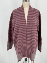 WoolOvers Open Front Cardigan Sz L Mauve Pink Gray Striped Lambswool Sweater - £27.87 GBP