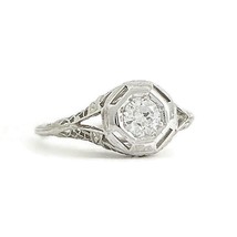 Antique Art Deco European Cut Diamond Solitaire Ring 18K White Gold, 1.96 Grams - £719.82 GBP