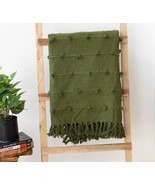 Hand Loom Cotton Throw Blanket Olive Green Wool Loops Throw Blanket Cott... - £40.63 GBP