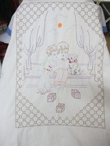 &quot;&quot;CRIB COVERLET - VINTAGE, EMBROIDERED - CHILDREN WITH DOG&quot;&quot; - BLUE BORDER - £11.76 GBP