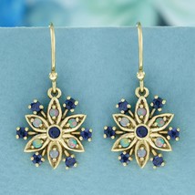 Natural Blue Sapphire Opal Vintage Style Floral Cluster Drop Earrings in 9K Gold - £787.99 GBP