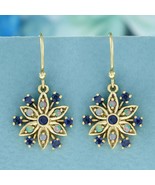 Natural Blue Sapphire Opal Vintage Style Floral Cluster Drop Earrings in... - £798.35 GBP