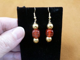 (EE504-5) Red sparkle square glass swirl dangle earrings lampwork French wire - £8.18 GBP