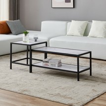 Modern Nesting coffee table Square &amp; rectangle,Black metal frame with wood - £71.04 GBP