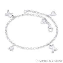 Elephant &amp; &quot;X&quot; Kiss Charm on 3mm Rolo Chain Anklet in Italy .925 Sterling Silver - £36.44 GBP