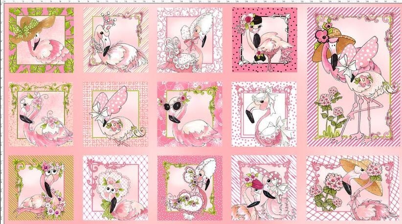 23&quot; X 44&quot; Panel Flamingos Tropical Birds Animals Hats Pink Cotton Fabric... - $8.92