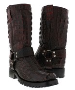 Mens Black Cherry Biker Boots Crocodile Back Pattern Leather Cowboy Moto... - $170.99