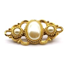 Vintage 1928 Brooch, Small Gold Tone Bar Pin with Faux Pearl Cabochons, Elegant - £15.82 GBP